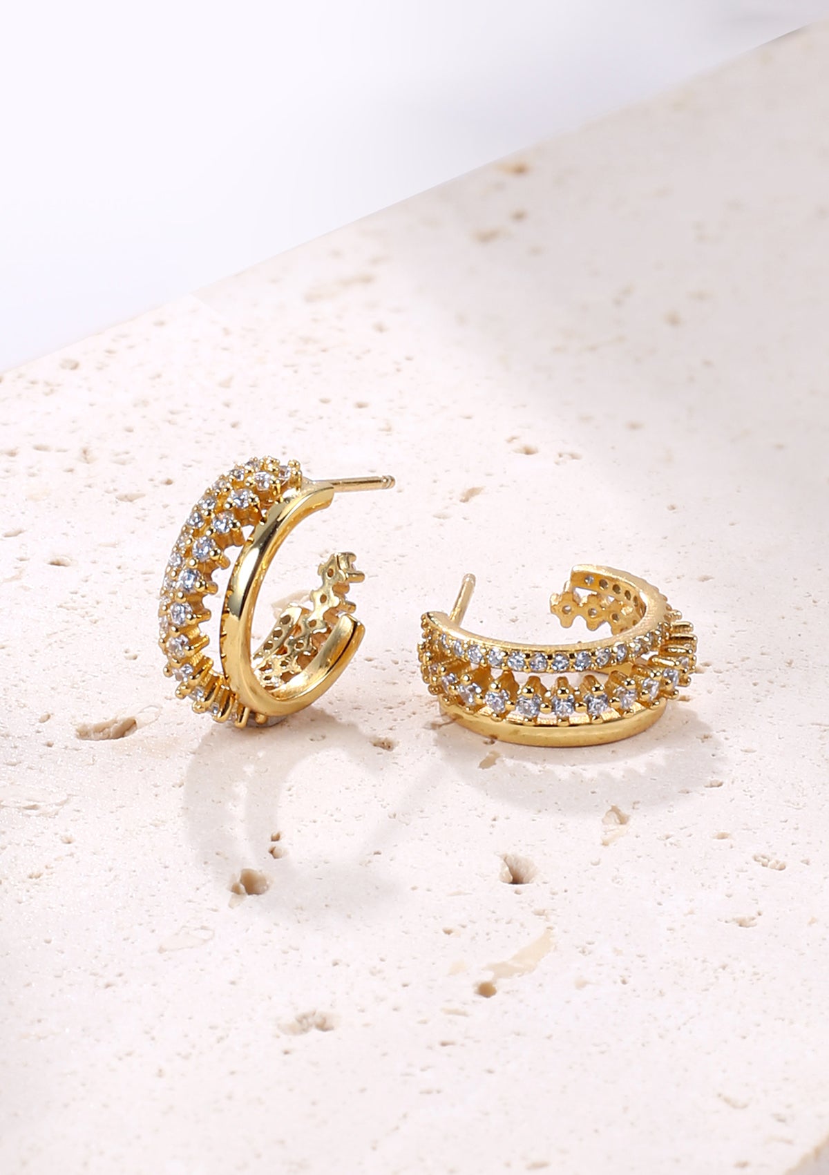 Pendientes Aro Triple Abanico Gemas Plata de Ley 925 en Oro